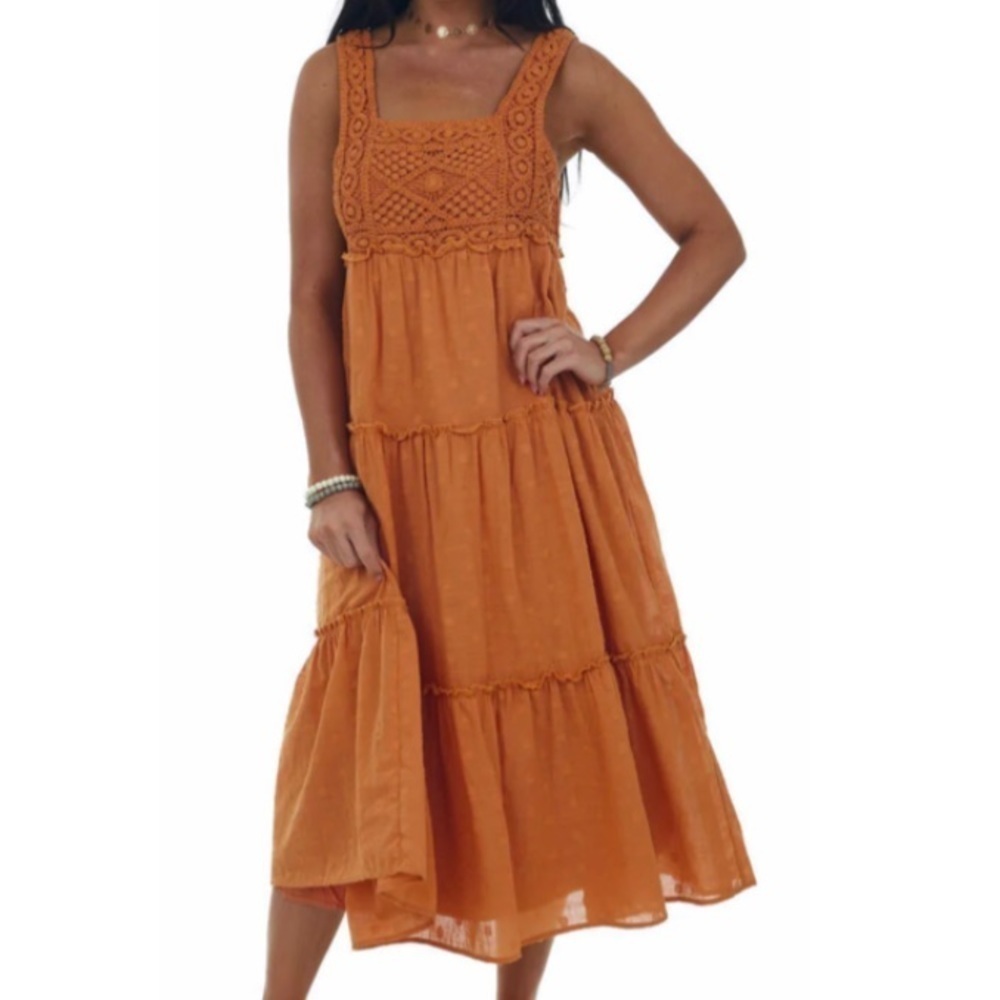 NWT Lush Crochet Cotton Dotted Tiered Midi Boho Dress Size Medium